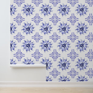 Inky Floral Wallpaper Blau und Weiß Tapete