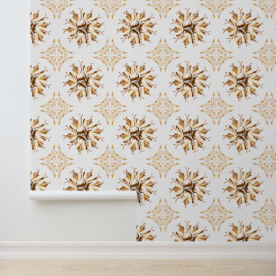 Inky Floral Wallpaper   Orange Brown White Tapete