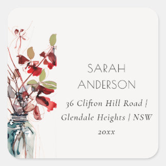 Inky Red Green Vintage Boho Florals Address Quadratischer Aufkleber