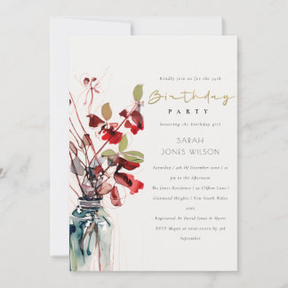 Inky Rot Grün Vintage Boho Florals Geburtstag Einladung