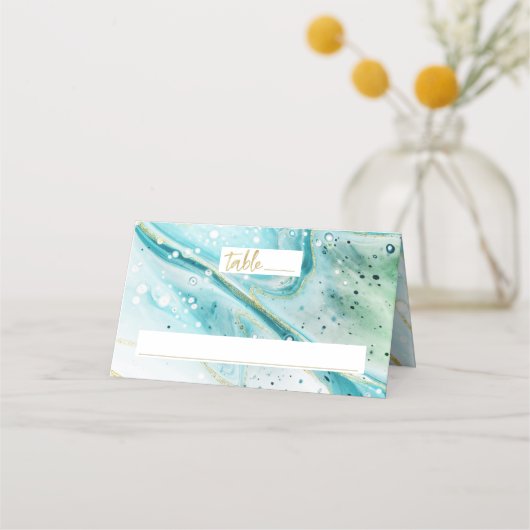 Inky Splash Aquamarin Marble Gold Wedding Tischnum Platzkarte (Vorderseite)