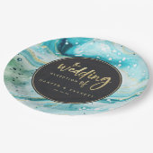 Inky Splash Aquamariner Marmor mit Gold Luxe Weddi Pappteller (Schrägansicht)