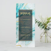 Inky Splash Aquamariner Marmor mit Goldfolie Abend Menükarte (Stehend Vorderseite)