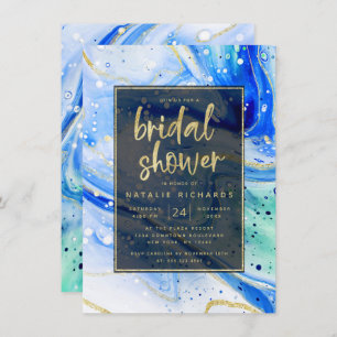 Inky Splash Blauer Marmor mit Gold Brautparty Einladung