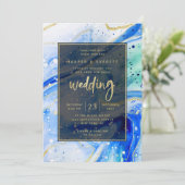 Inky Splash Blauer Marmor mit Goldfolie Hochzeit Einladung (Stehend Vorderseite)