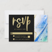 Inky Splash Blauer Marmor mit Goldfolie Hochzeit RSVP Karte (Vorderseite)
