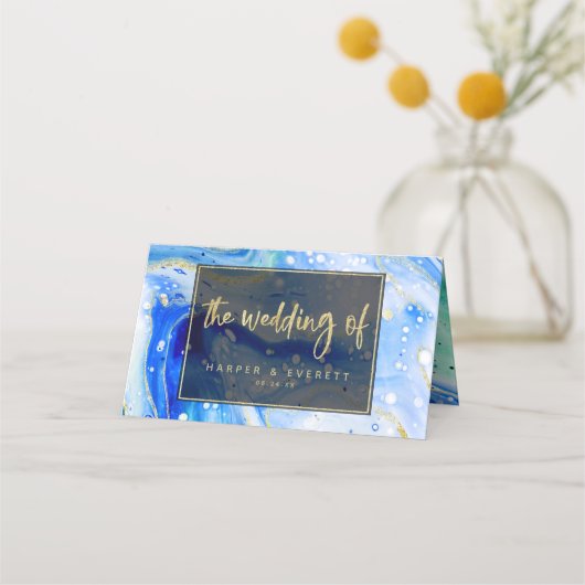 Inky Splash Blue Marble Gold Wedding Tischnummer Platzkarte (Rückseite)
