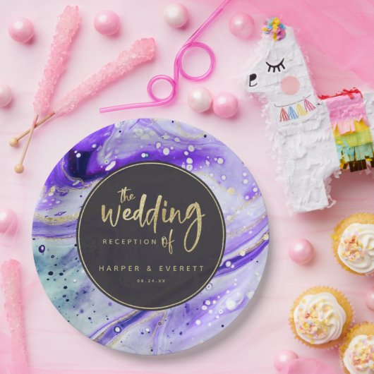 Inky Splash Lila Marmor mit Gold Luxe Wedding Pappteller (Party)