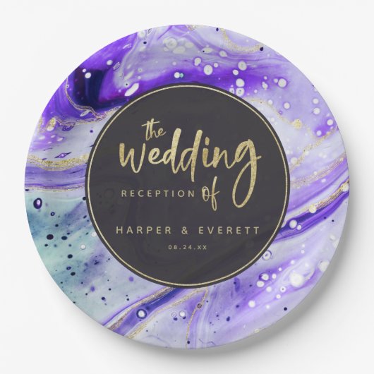 Inky Splash Lila Marmor mit Gold Luxe Wedding Pappteller (Vorderseite)