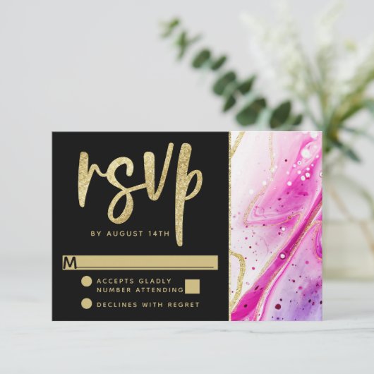 Inky Splash Rosa Marmor mit Goldfolie Hochzeitsfol RSVP Karte (Stehend Vorderseite)