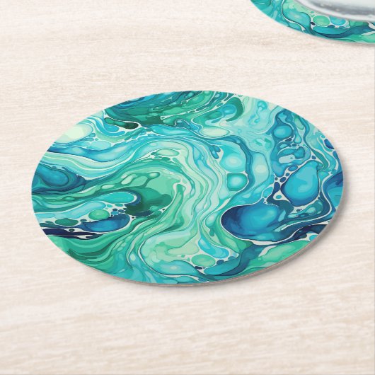 Inky Wave 1 Türkis Blau Runder Pappuntersetzer (Angewinkelt)