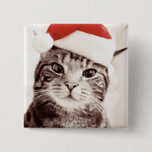 Inländische Tabbykatze, die roten Weihnachtshut Button
