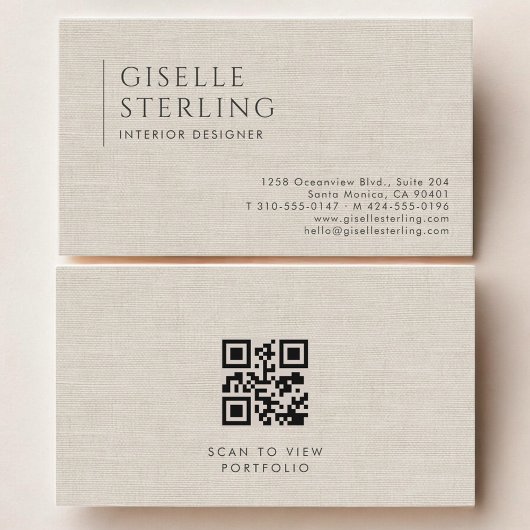 Innenarchitekt Luxus Neutraler Leinen QR-Code Visitenkarte