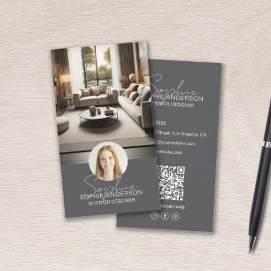 Innenausstatter Drehbuch Name Foto QR Grau Visitenkarte