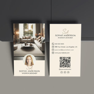 Innenausstatter Monogramm Foto QR Creme Visitenkarte