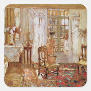 Innenbereich mit einer Frau in Gelb vorne Quadratischer Aufkleber