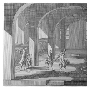 Innenraum einer Seifenfabrik, Illustration für ei Fliese