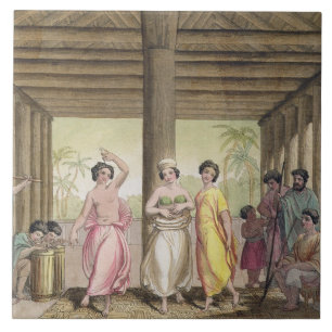 Innenraum eines Tahitian Hauses mit Tänzerinnen, i Fliese