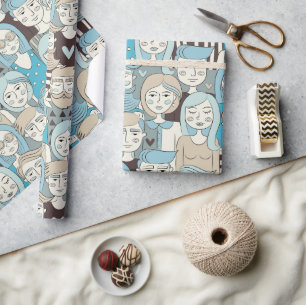 Innenstadtmenge Gesichter Blau/Beige ID494 Geschenkpapier