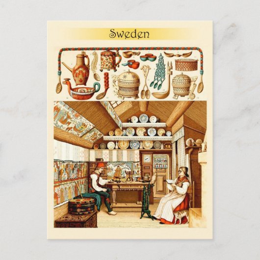 Inneres des schwedischen Hauses (Möbel und Kochges Postkarte (Vorderseite)