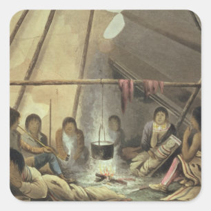 Inneres eines Cree Indian Zents, März 25. 1820, f Quadratischer Aufkleber