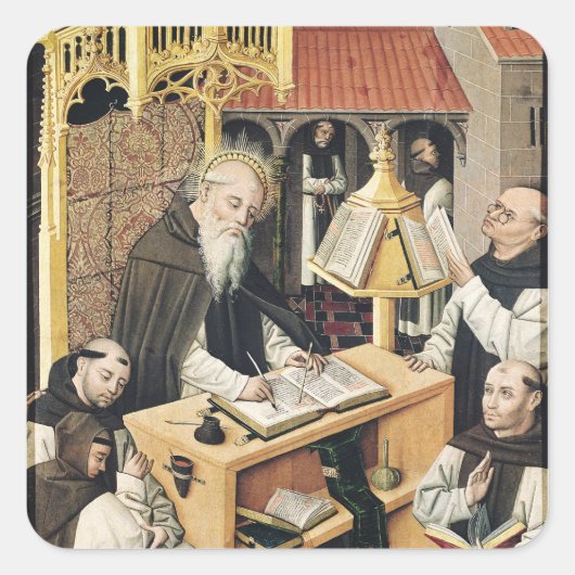 Inneres eines Scriptoriums, Schule von Segovia Quadratischer Aufkleber (Vorderseite)