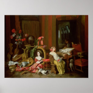 Inneres mit einer Lady beim Cembalo Poster