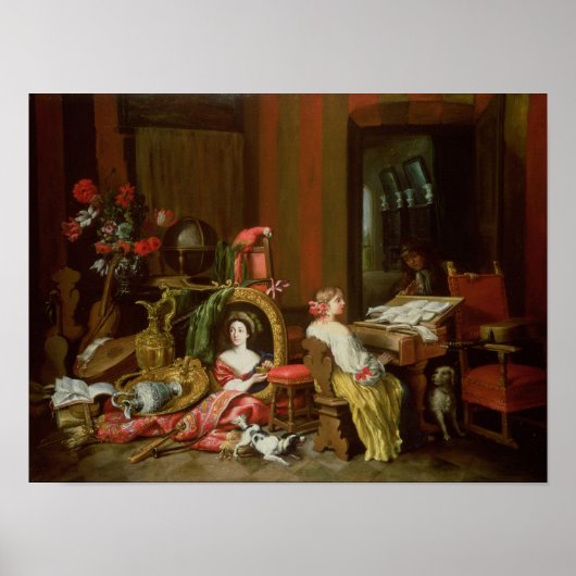 Inneres mit einer Lady beim Cembalo Poster (Vorne)