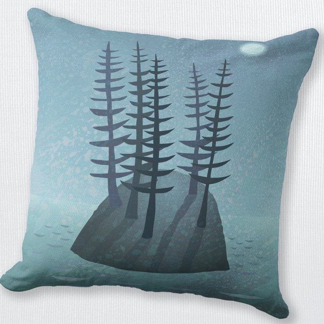 Insel im Ozean Art Kissen (Island with Pine Trees and a moonlit ocean art throw pillow)