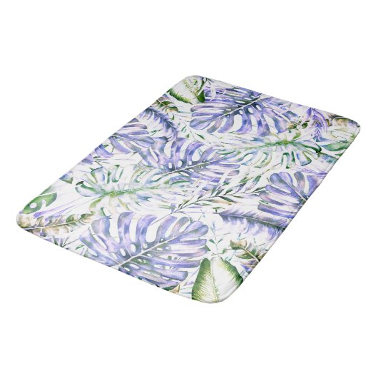 Insel Lila Tropical Palm Blätter Sommerinsel Badematte (Schrägansicht)