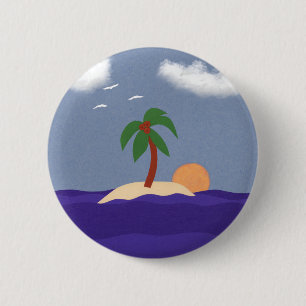 Insel mit Palmen, Sonnenuntergang und Seaguls Button