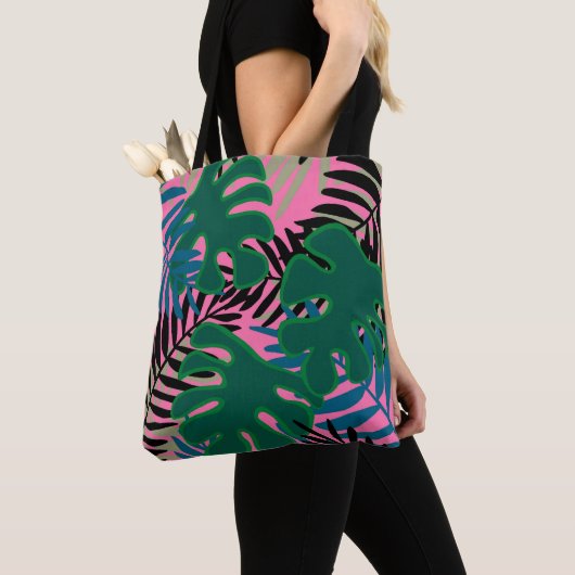 Insel Palm Green Pink Schwarze Tasche große Tasche (Von Nahem)