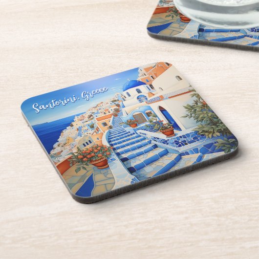 Insel Santorin Illustration | Art der Reise Getränkeuntersetzer (Linke Seite)