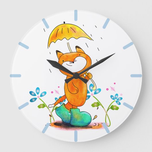 Inspiration Frühlingsfox mit Regenschirm Große Wanduhr (Vorderseite)