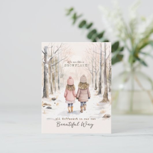 Inspiration kleine Mädchen schneebedeckte Wälder W Postkarte (Stehend Vorderseite)