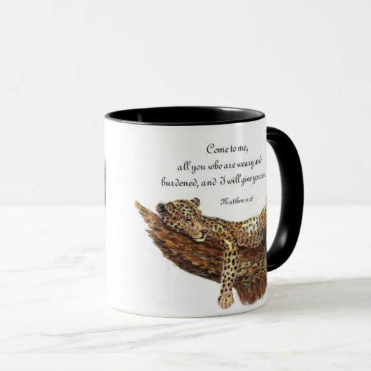 Inspiration, Schrift, Matthew 11:28, Leopard Tasse (VorderseiteRechts)