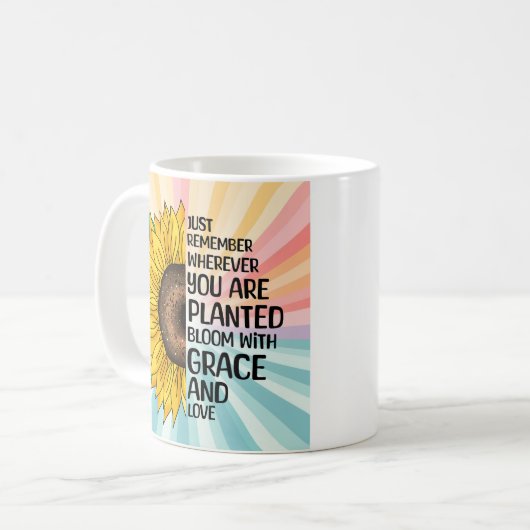 Inspiration und handgezeichnete Sonnenblume Kaffeetasse (Vorderseite Links)