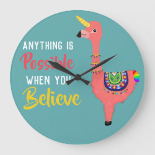 Inspiration Unicorn Flamingo Llama glauben Zitat Große Wanduhr