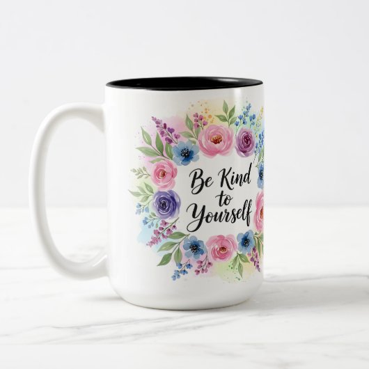 Inspirational Be Kind to Yourself Floral  Zweifarbige Tasse (Links)