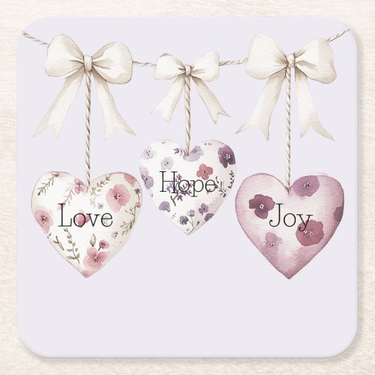 Inspirational Floral Love Hope Joy Hearts Bow Rechteckiger Pappuntersetzer (Vorderseite)
