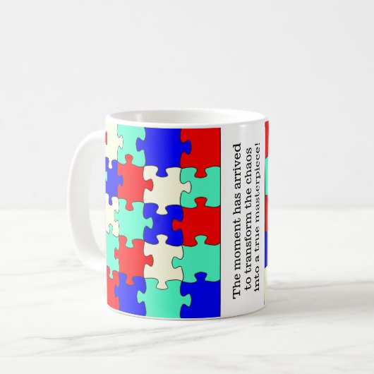 Inspirationslustige, farbenfrohe Puzzleteile Kaffeetasse (Vorderseite Links)