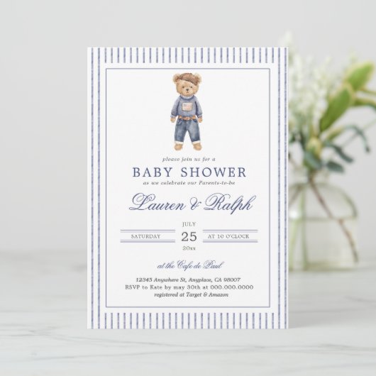 Inspired Blue Teddy Bear Baby Shower Einladung (Stehend Vorderseite)