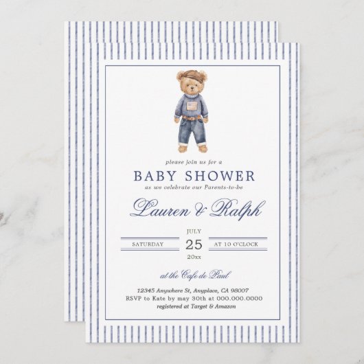 Inspired Blue Teddy Bear Baby Shower Einladung (Vorne/Hinten)