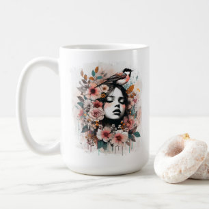 Inspirierende Blumenfrau mit Vogel-Kunstwerk Kaffeetasse