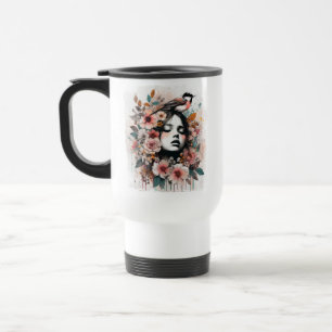 Inspirierende Blumenkunst mit Frau und Vogel Reisebecher
