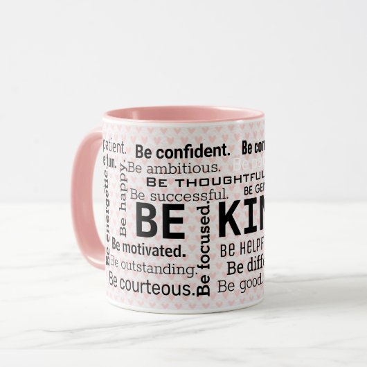 inspirierende Word Cloud on Pink Hearts Tasse (Vorderseite Links)