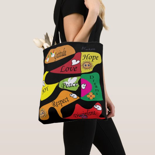 Inspirierender schwarzer Tote: Frieden Freude Disz Tasche (Von Nahem)