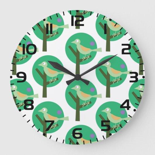 Inspiriert Grüne Vögel und Baummuster Große Wanduhr (Vorderseite)