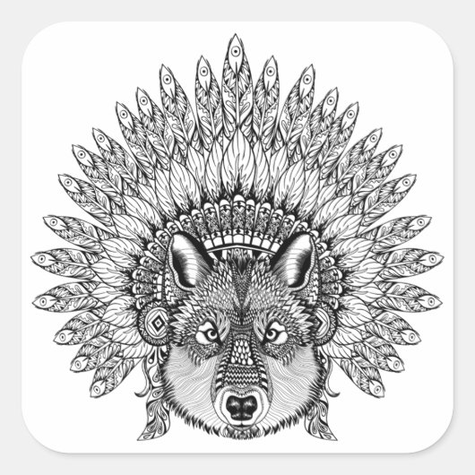 Inspiriert Wolf im Featherkriegsbonnet Quadratischer Aufkleber (Vorderseite)