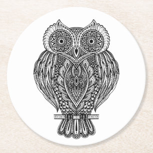 Inspirierte Hand gezeichnete verzierte Eule Runder Pappuntersetzer